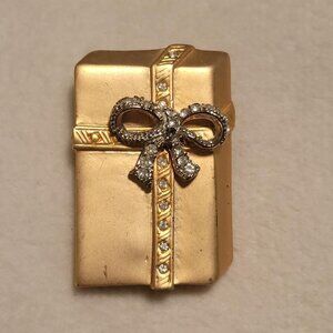 Vintage Gold-Toned Gift Box/Present Brooch Adorned with Rhinestone/Crystal Bow